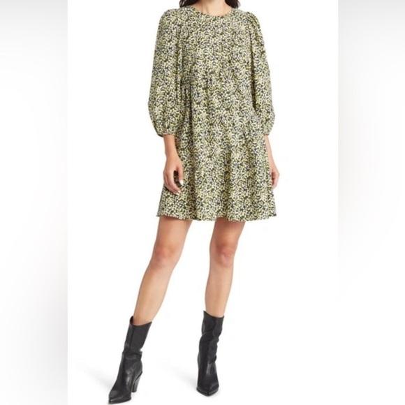 RAILS Louise Chrysanthemum Mini Dress Yellow Black Cotton Flowy Tiered XL NWT - Picture 1 of 16
